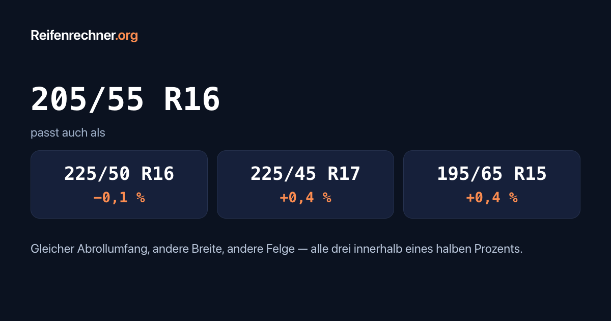 Alternative Reifengrößen zu 205/55 R16: 225/50 R16 mit minus 0,1 Prozent, 225/45 R17 mit plus 0,4 Prozent und 195/65 R15 mit plus 0,4 Prozent Abweichung.