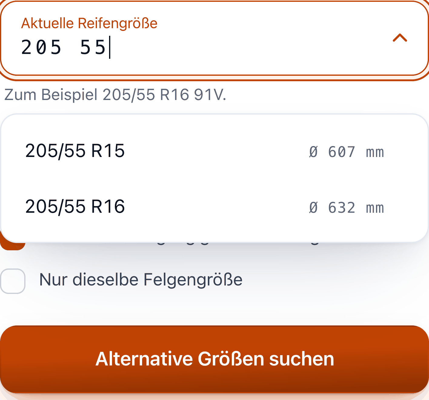 Alternative Reifengrößen: das Feld Aktuelle Reifengröße mit der Eingabe 205/55 R16 und der geöffneten Vorschlagsliste.