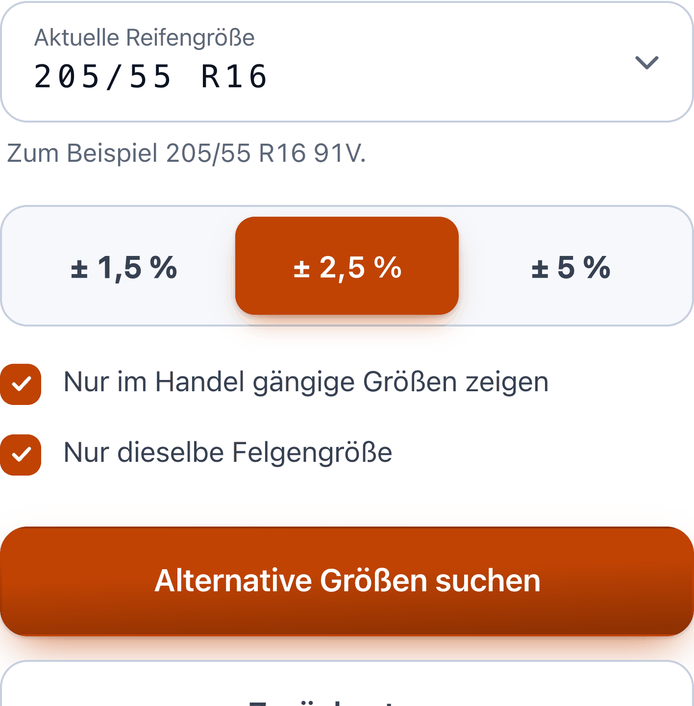 Alternative Reifengrößen: der Segmentschalter mit ± 2,5 Prozent gewählt und die beiden Filterhaken darunter.