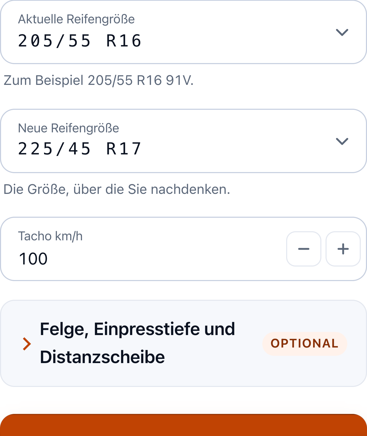 Reifenrechner: beide Größenfelder gefüllt mit 205/55 R16 und 225/45 R17, darunter das Tachofeld mit 100 und der eingeklappte Bereich für Felge, Einpresstiefe und Distanzscheibe.